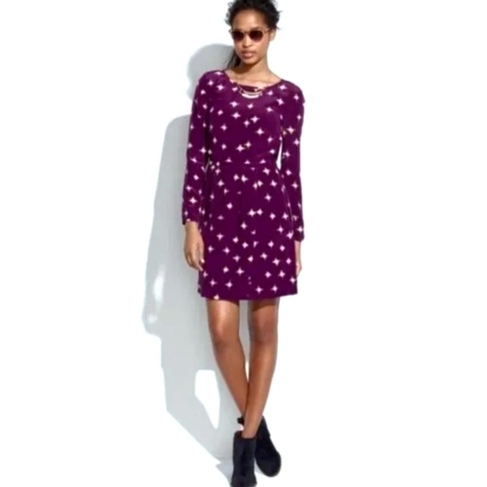 Madewell Size 4 Silk Round Neck Cinched Waist Purple Star Wrap Tulip Hem Dress